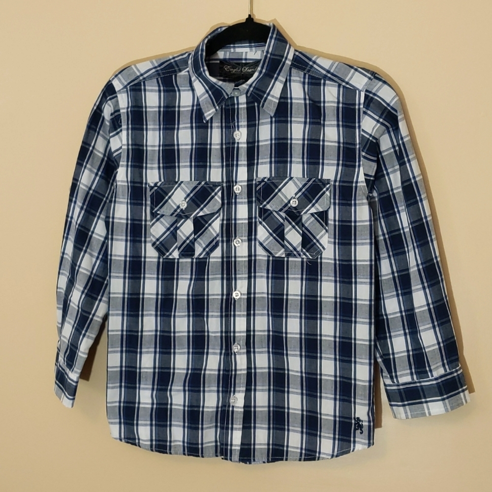 English Laundry|Blue and Brown Plaid Long Sleeve Button Down Shirt Front Pocket